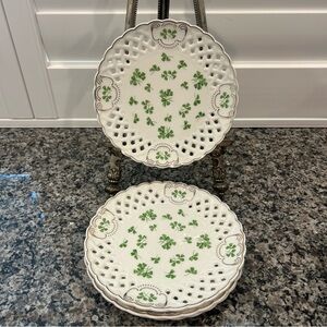 Grace Teaware Scalloped Green Clover Gold Rim Dessert Plates Set 4 ~New